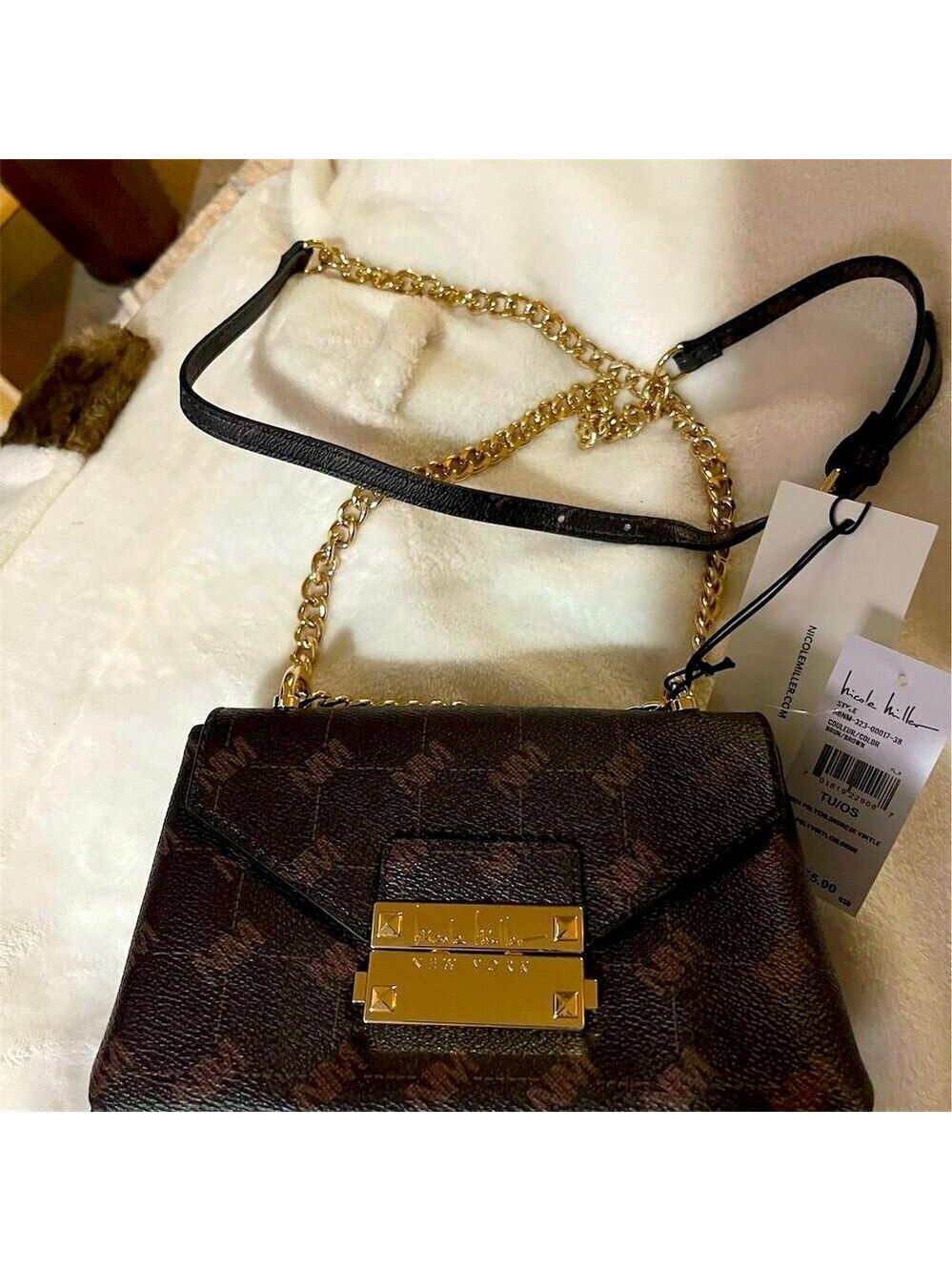 Nicole Miller Dark Brown Leather Crossbody Bag Gold Chain Strap 8x4.5x3.5